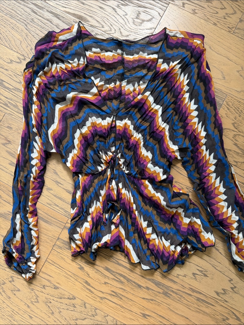 Womens Multicolor Zigzag Ruched Long-Sleeve Top